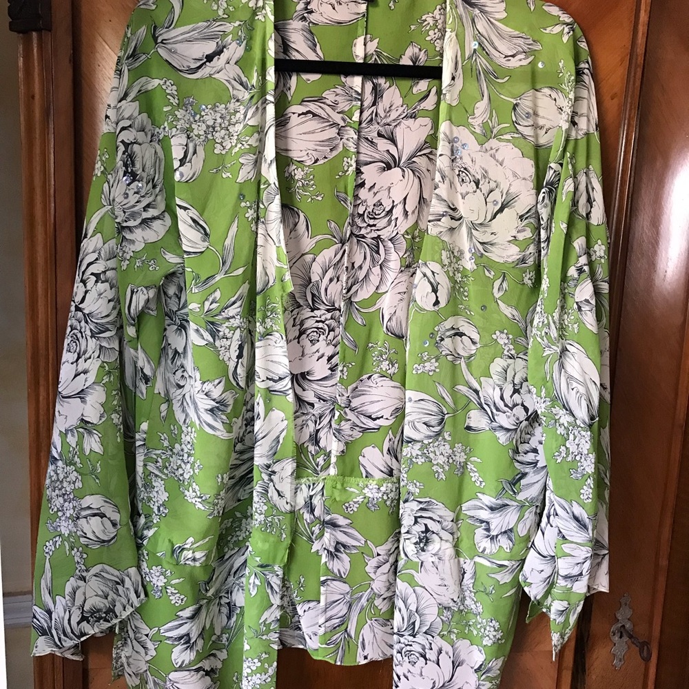 Single sheer open raw edge blouse sequins green floral
